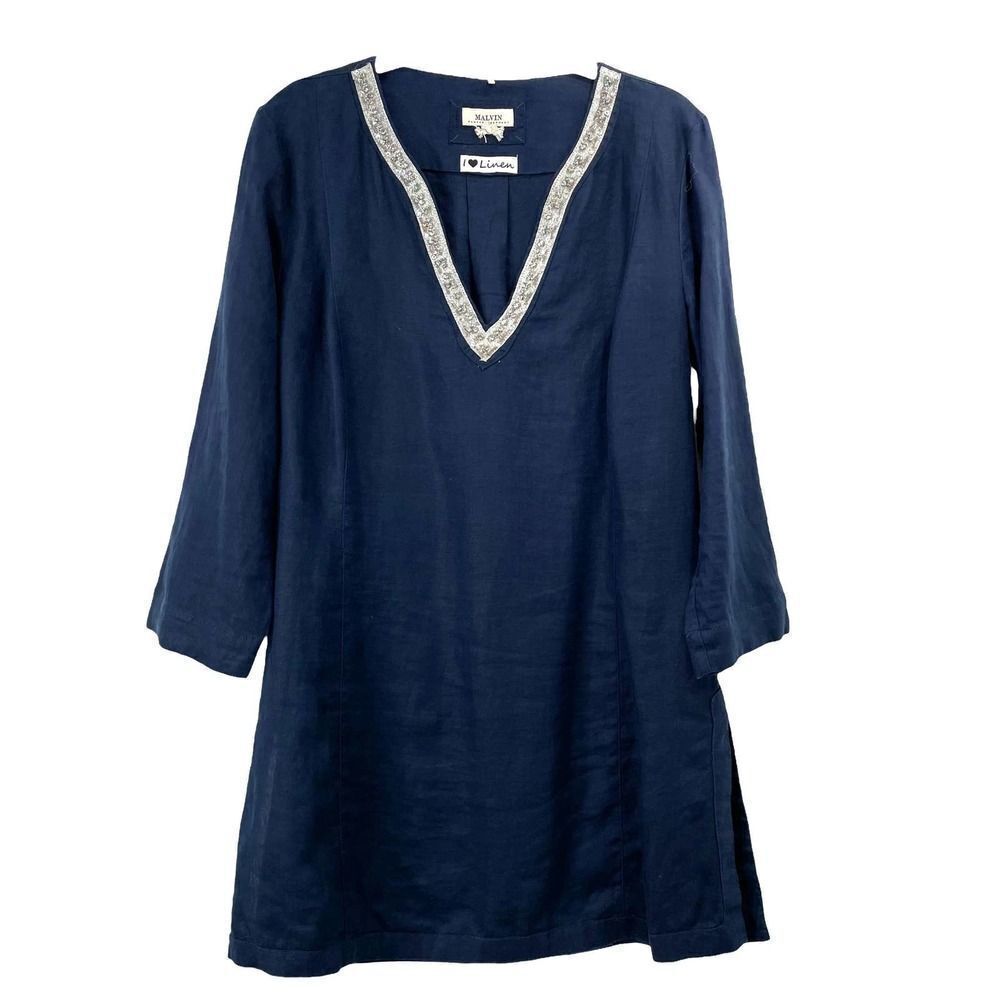 Malvin 100% linen embellished navy blue tunic top Sz L‎